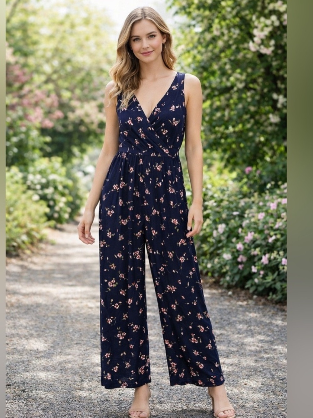 Muse Petite Navy Floral Jumpsuit Romper Wide Leg Spring Cottagecore Boho Petite